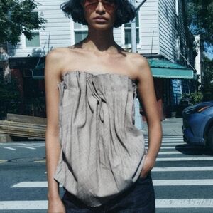 Zara ZW Collection Strapless Pleated Top Grey Linen Fabric Look, Raw Edge